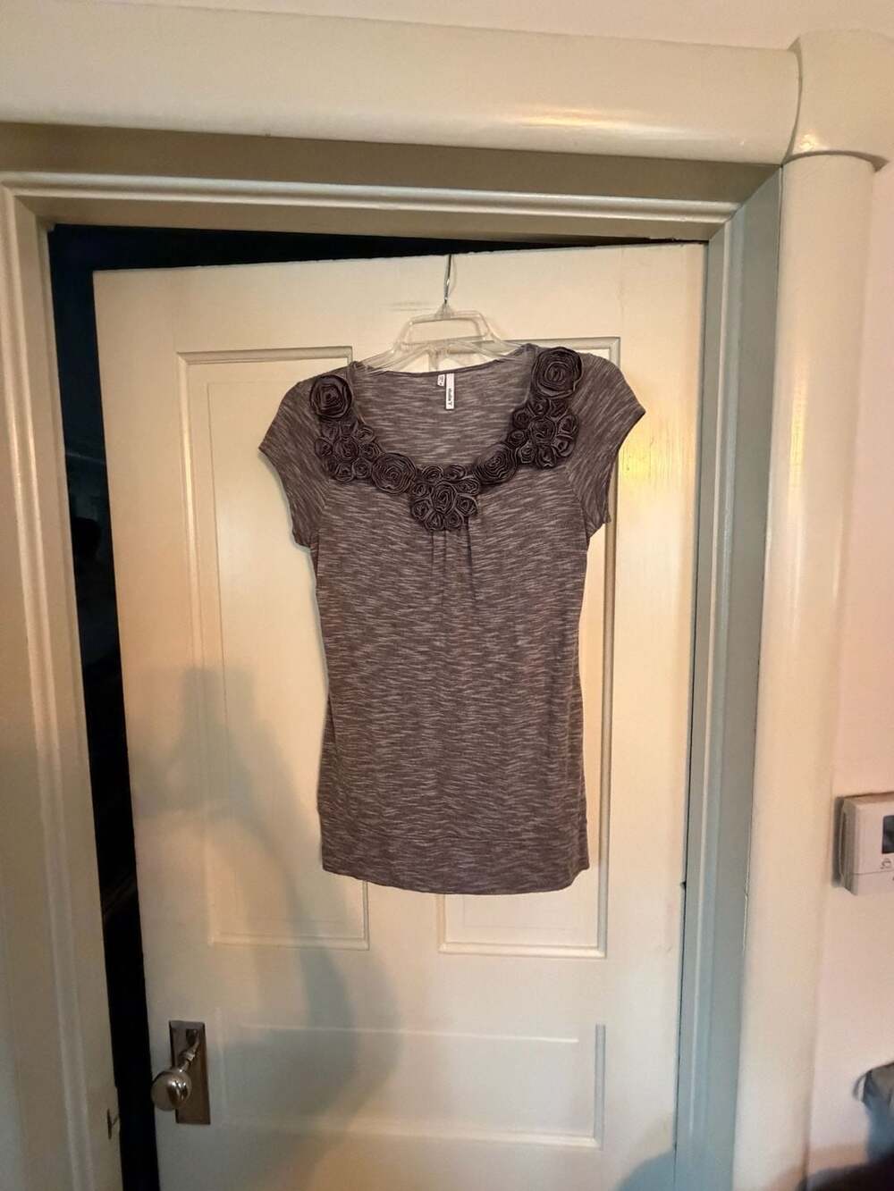 Studio Y Gray Knit Cap Sleeve Top with Rosette Neckline Small